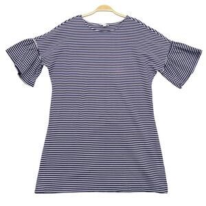 Beach Lunch Lounge Striped Flutter Sleeve Dress L Navy Jersey Cotton Nautical